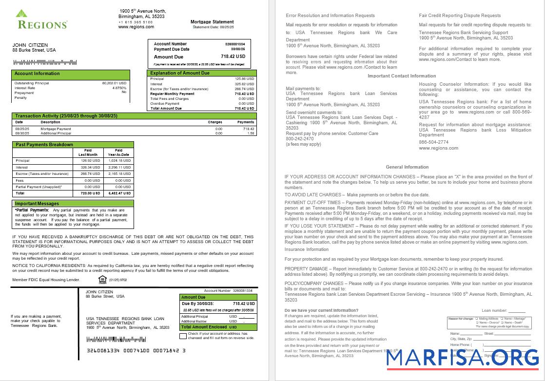 Downloadable USA Tennessee Regions bank mortgage statement in Word and PDF formats sample